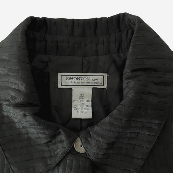 Vtg Women's Black Geometric Quilted Button Front Mid Length Coat - Plus 3X - Picture 3 of 9